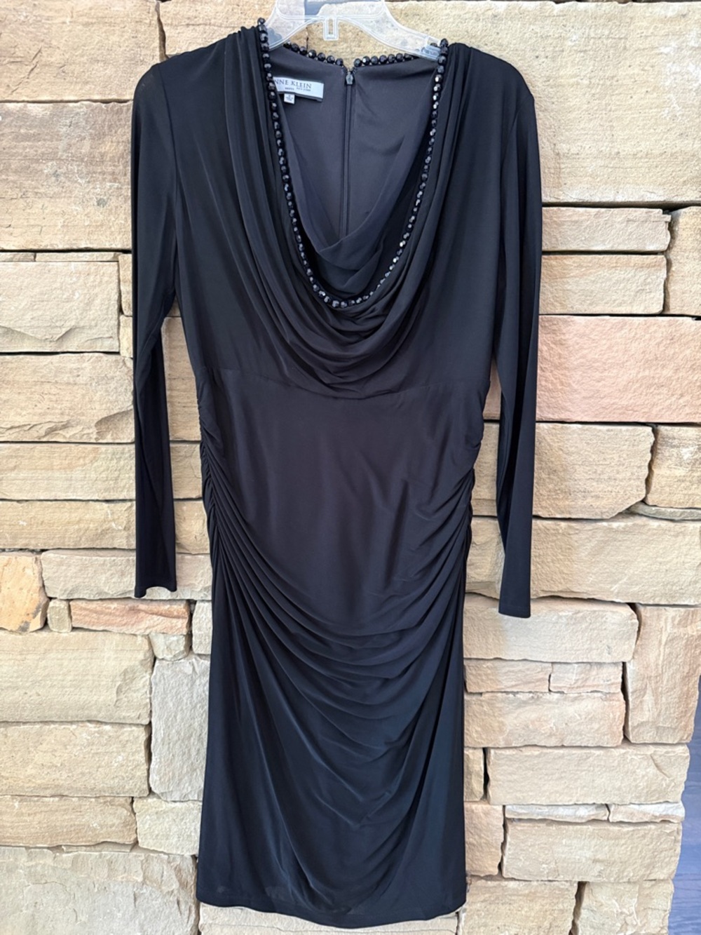 Anne Klein Cocktail Dress Black Cowl Neck With Bead Detail, Ruching, Body Con